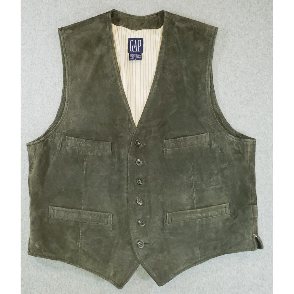 Vintage GAP Suede Leather Vest Mens Olive Green Size L Button Up Adj Waist